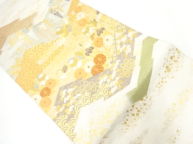 リサイクル　鴛鴦に草花・古典柄模様織出し袋帯（サービス品）